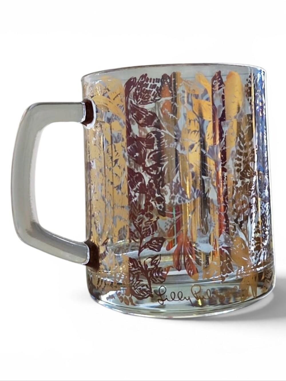 Lilly Pulitzer Gold Floral Glass Coffee Mug Vintage Style Clear Tea Cup Elegent